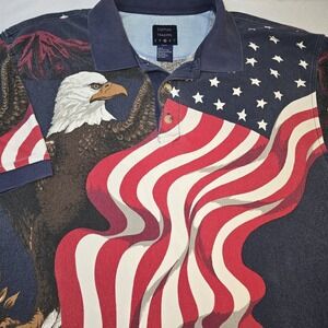 Cotton Traders Sport L Vintage USA Flag Polo Shirt Patriotic Eagle Americana AOP